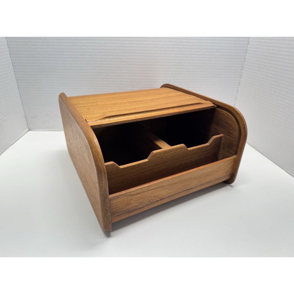 Kalmar Designs Teak Wood Tambour Roll Top Floppy Disk Index Card Box Holder VTG